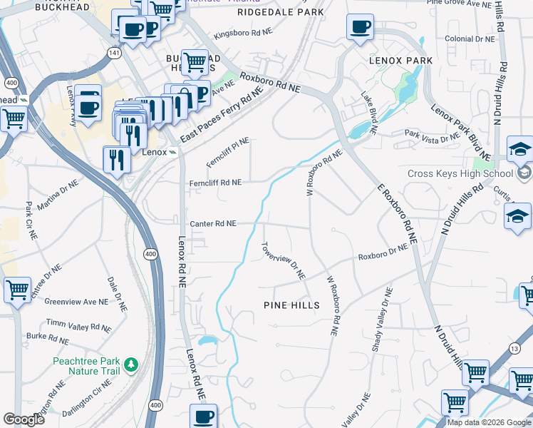 map of restaurants, bars, coffee shops, grocery stores, and more near 1075 Canter Road Northeast in Atlanta