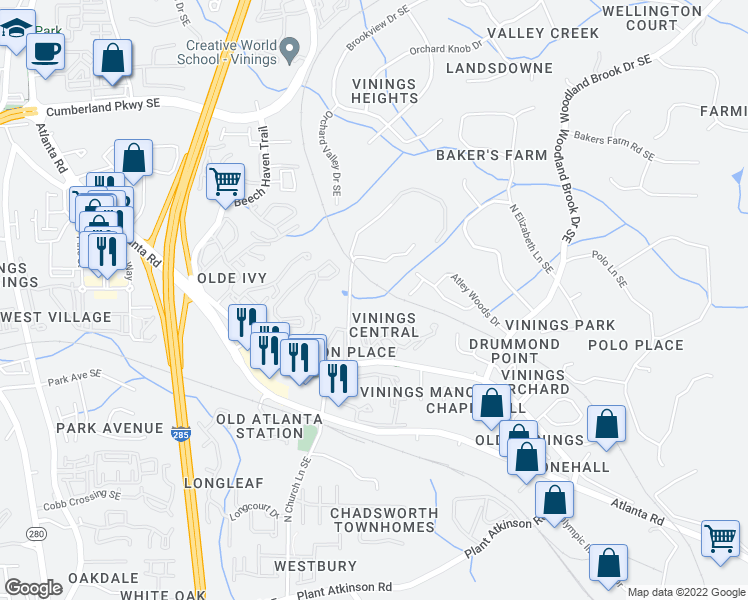 map of restaurants, bars, coffee shops, grocery stores, and more near 2814 Vinings Central Run Southeast in Atlanta