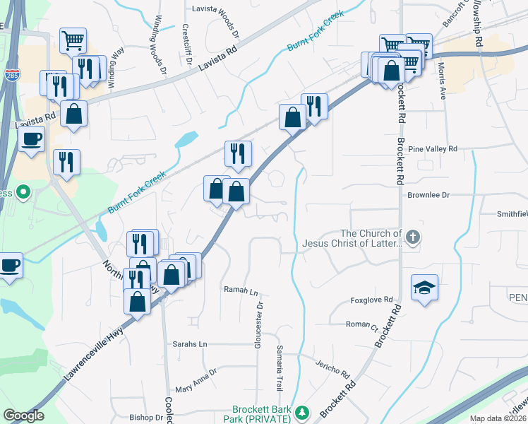 map of restaurants, bars, coffee shops, grocery stores, and more near 3535 Lawrenceville Highway in Tucker