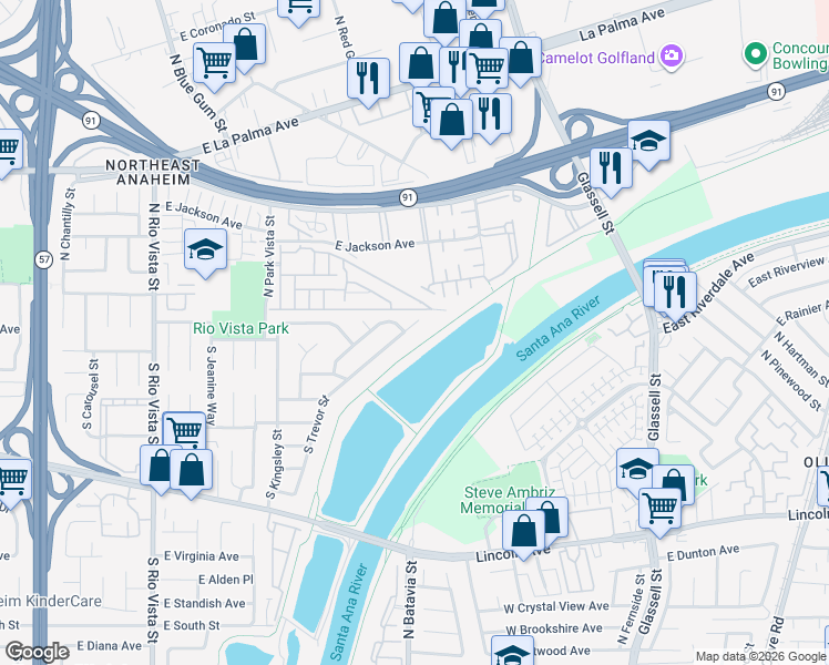 map of restaurants, bars, coffee shops, grocery stores, and more near 144 North Trevor Street in Anaheim