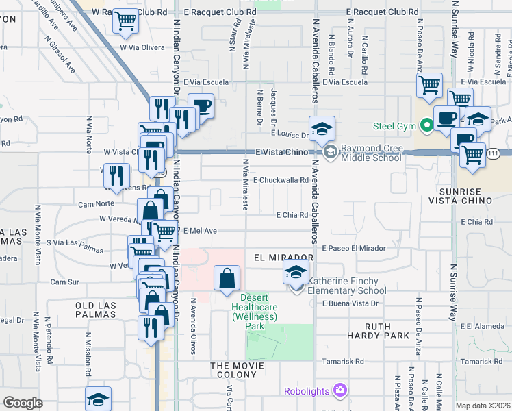 map of restaurants, bars, coffee shops, grocery stores, and more near 1433 North Fiesta Road in Palm Springs