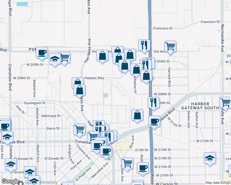 map of restaurants, bars, coffee shops, grocery stores, and more near 1900 Harpers Way in Torrance