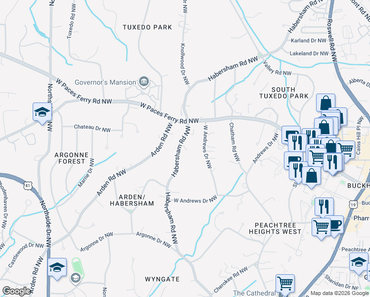 map of restaurants, bars, coffee shops, grocery stores, and more near 3163 Habersham Road Northwest in Atlanta
