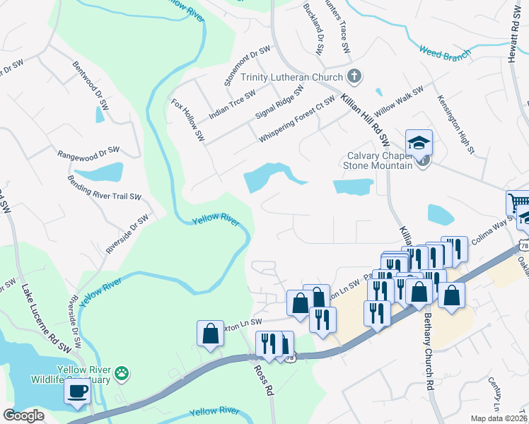 map of restaurants, bars, coffee shops, grocery stores, and more near 4188 Rocky Ledge Way in Snellville