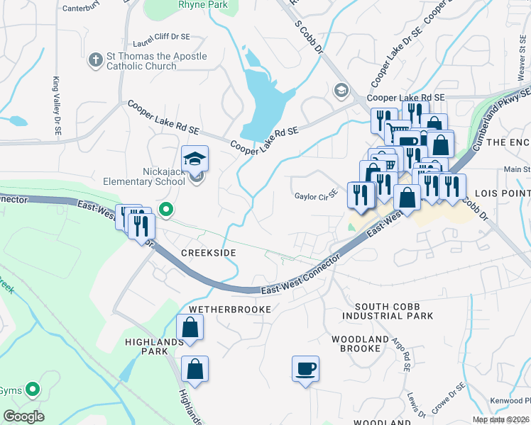 map of restaurants, bars, coffee shops, grocery stores, and more near 5110 Laurel Bridge Drive Southeast in Smyrna