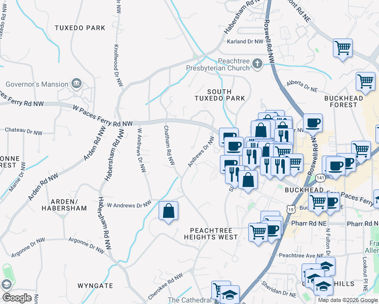 map of restaurants, bars, coffee shops, grocery stores, and more near 3152 Andrews Drive Northwest in Atlanta