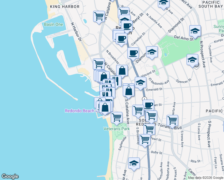 map of restaurants, bars, coffee shops, grocery stores, and more near 300 The Village in Redondo Beach