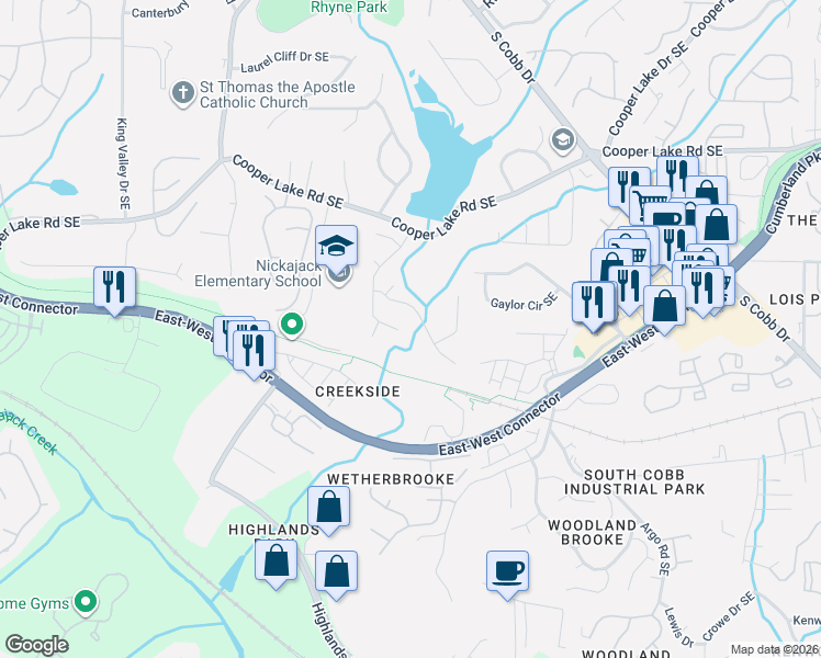 map of restaurants, bars, coffee shops, grocery stores, and more near 5063 Laurel Springs Way Southeast in Smyrna