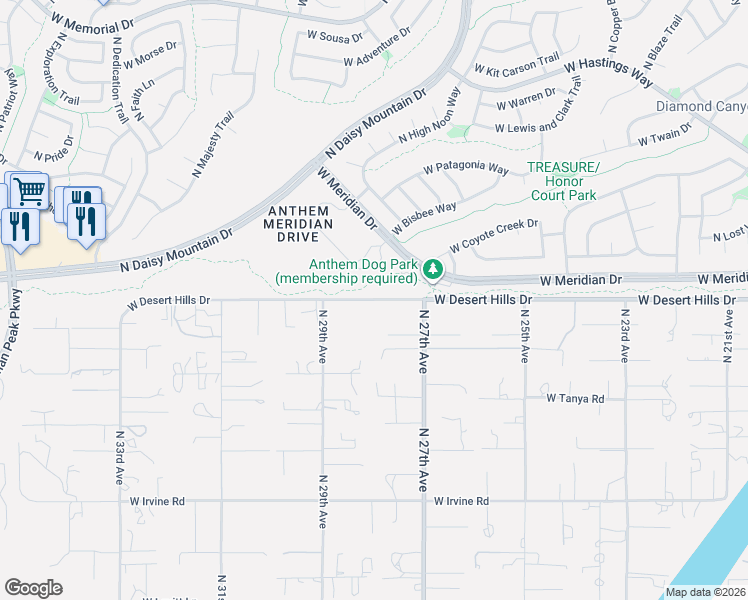 map of restaurants, bars, coffee shops, grocery stores, and more near 2727 West Desert Hills Drive in Phoenix