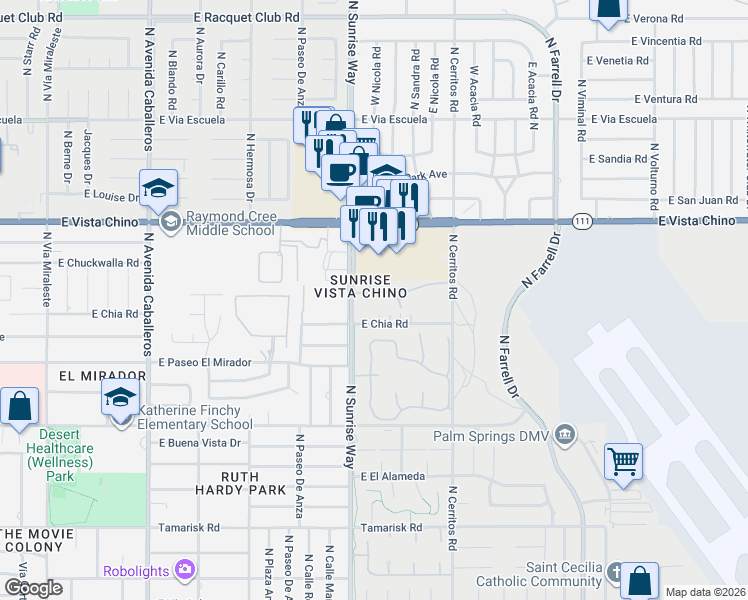 map of restaurants, bars, coffee shops, grocery stores, and more near 1712 East Chia Road in Palm Springs