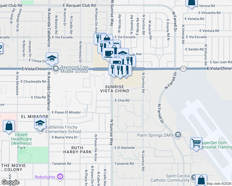 map of restaurants, bars, coffee shops, grocery stores, and more near 1712 East Chia Road in Palm Springs