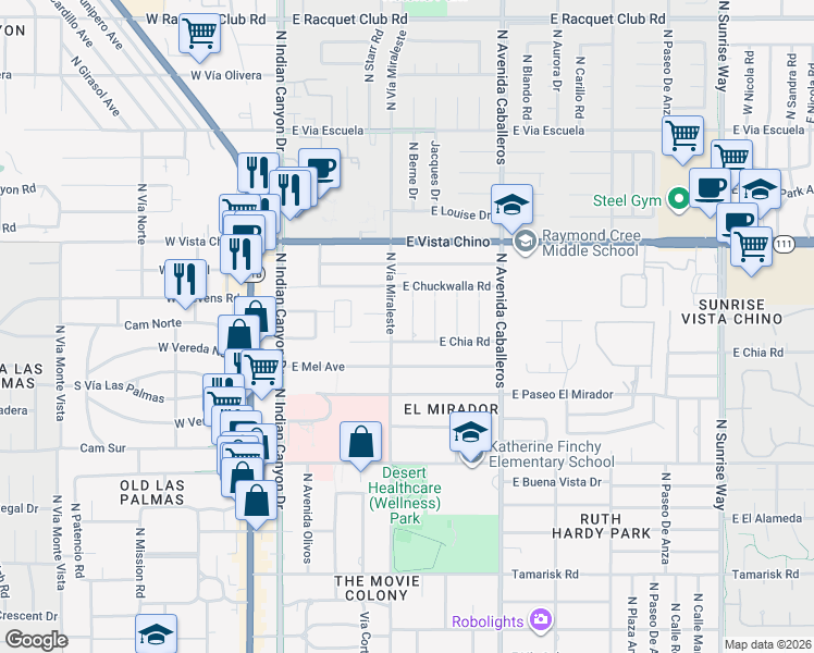 map of restaurants, bars, coffee shops, grocery stores, and more near 619 East Chia Road in Palm Springs