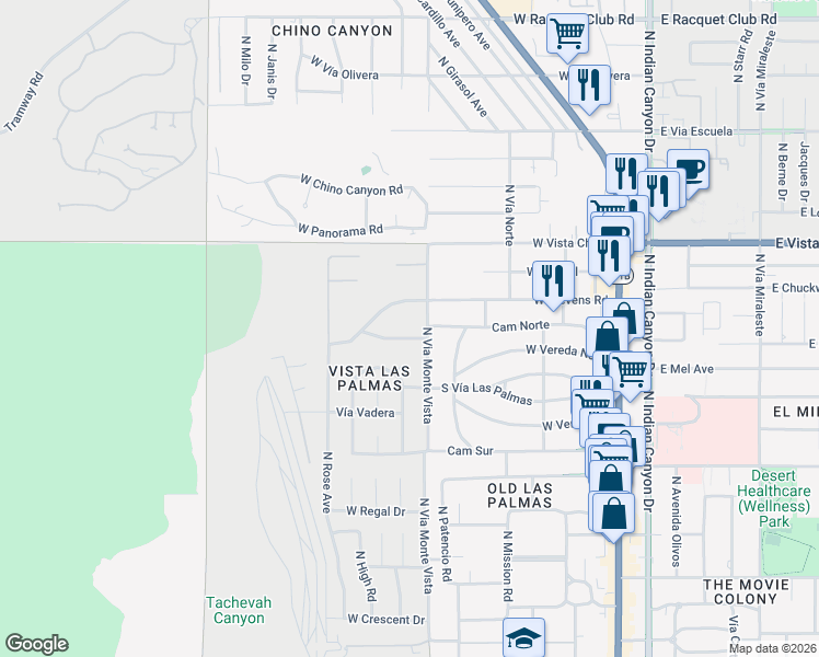 map of restaurants, bars, coffee shops, grocery stores, and more near 665 Camino Norte in Palm Springs