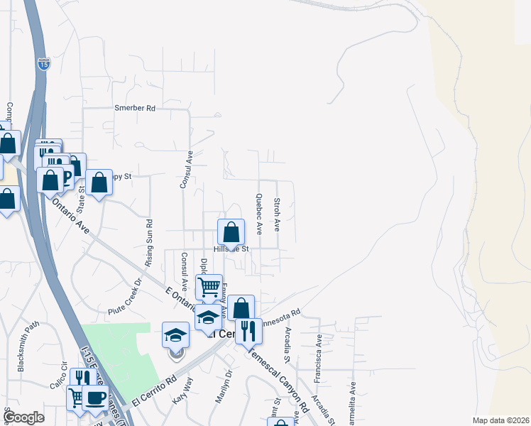 map of restaurants, bars, coffee shops, grocery stores, and more near 19157 Stroh Avenue in Corona