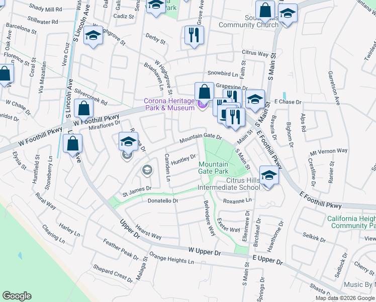 map of restaurants, bars, coffee shops, grocery stores, and more near 620 Huntley Drive in Corona