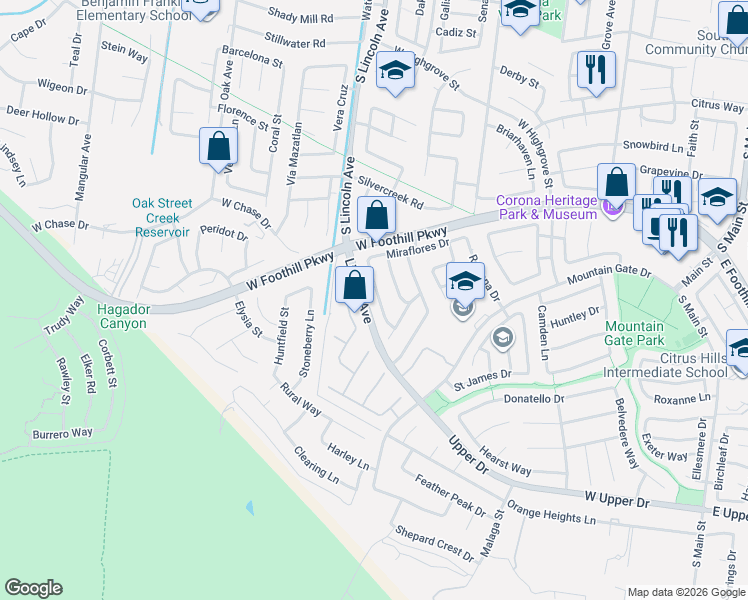 map of restaurants, bars, coffee shops, grocery stores, and more near 3268 Mountain Pass Drive in Corona