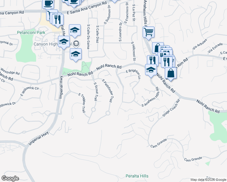 map of restaurants, bars, coffee shops, grocery stores, and more near 620 South Pathfinder Trail in Anaheim
