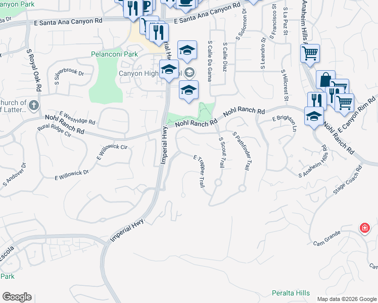 map of restaurants, bars, coffee shops, grocery stores, and more near 5810 East Trapper Trail in Anaheim