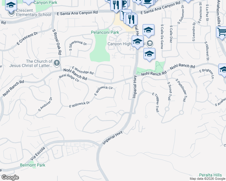 map of restaurants, bars, coffee shops, grocery stores, and more near 5439 East Willowick Circle in Anaheim