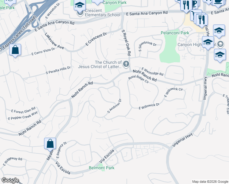 map of restaurants, bars, coffee shops, grocery stores, and more near 565 South Andover Drive in Anaheim