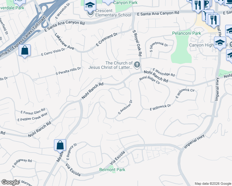 map of restaurants, bars, coffee shops, grocery stores, and more near 551 South Weymouth Court in Anaheim