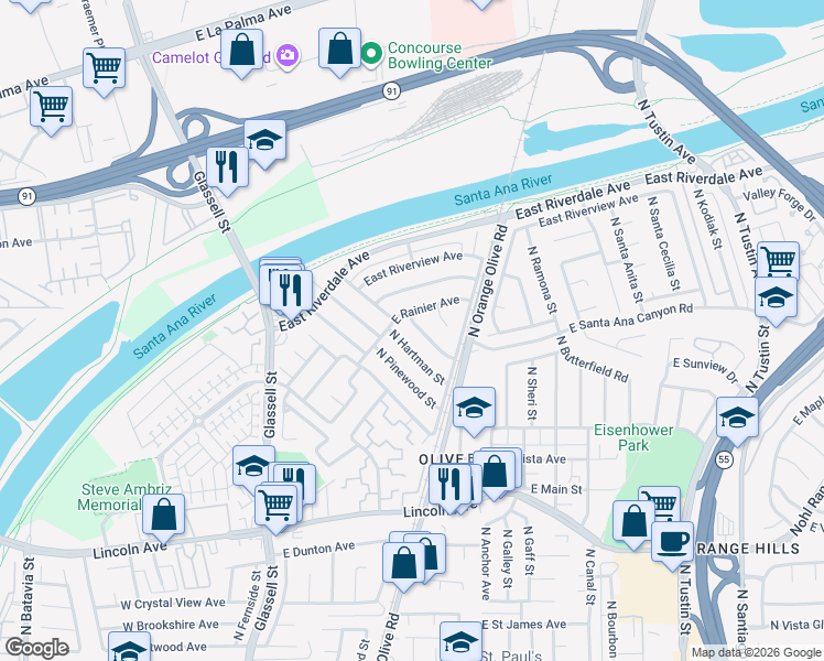map of restaurants, bars, coffee shops, grocery stores, and more near 3120 North Hartman Street in Orange