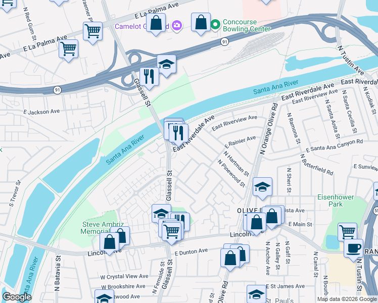 map of restaurants, bars, coffee shops, grocery stores, and more near 3146 North Driftwood Street in Orange