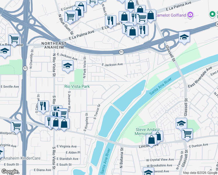 map of restaurants, bars, coffee shops, grocery stores, and more near 104 South Queensbury Street in Anaheim