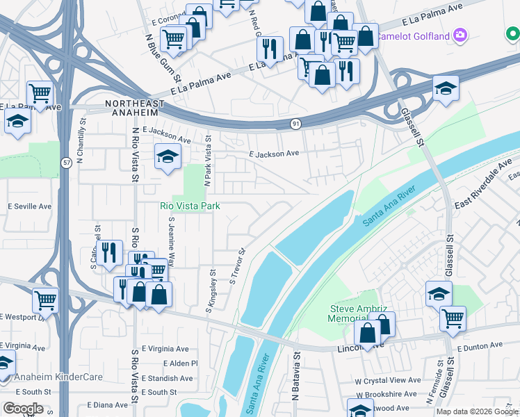 map of restaurants, bars, coffee shops, grocery stores, and more near 104 South Queensbury Street in Anaheim