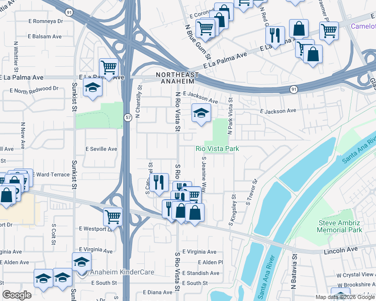 map of restaurants, bars, coffee shops, grocery stores, and more near in Anaheim