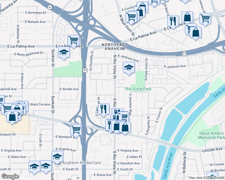 map of restaurants, bars, coffee shops, grocery stores, and more near in Anaheim