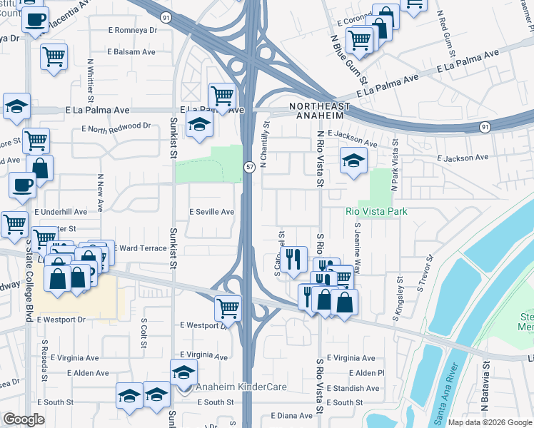 map of restaurants, bars, coffee shops, grocery stores, and more near 2639 East Dutch Avenue in Anaheim