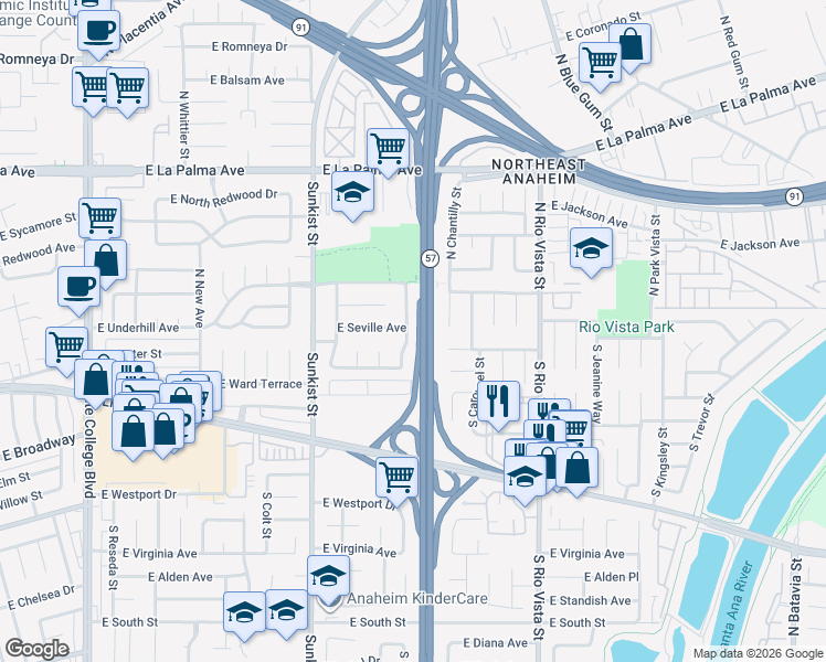 map of restaurants, bars, coffee shops, grocery stores, and more near 2615 East Dutch Avenue in Anaheim