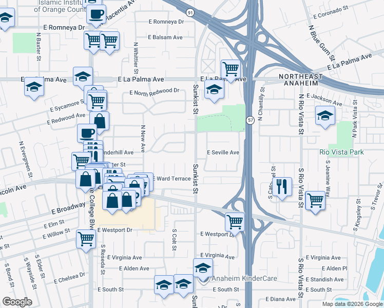 map of restaurants, bars, coffee shops, grocery stores, and more near in Anaheim