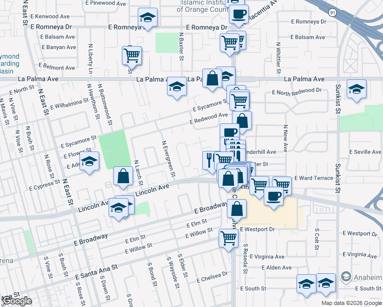 map of restaurants, bars, coffee shops, grocery stores, and more near 231 North Evelyn Drive in Anaheim