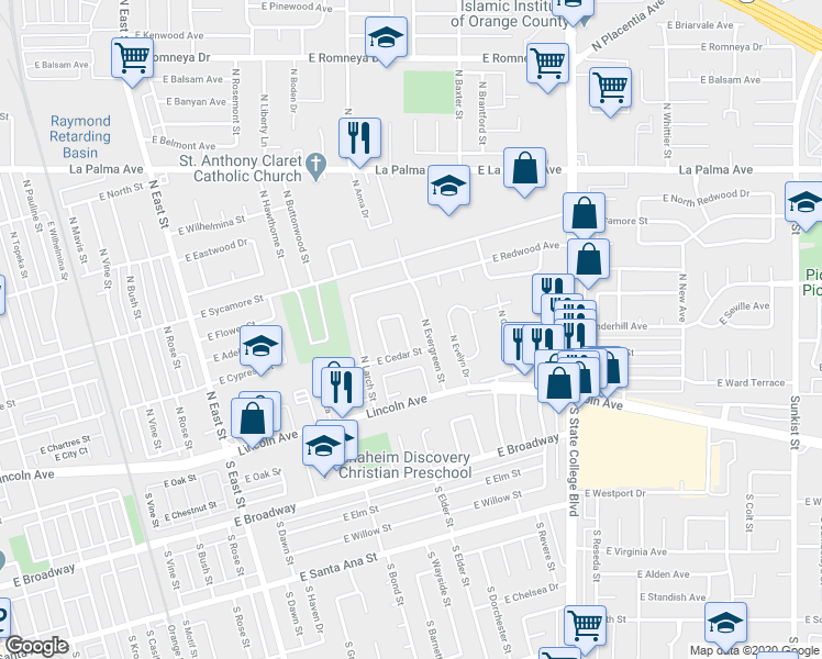 map of restaurants, bars, coffee shops, grocery stores, and more near 298 North Spruce Drive in Anaheim