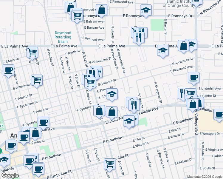 map of restaurants, bars, coffee shops, grocery stores, and more near 1255 East Adele Street in Anaheim