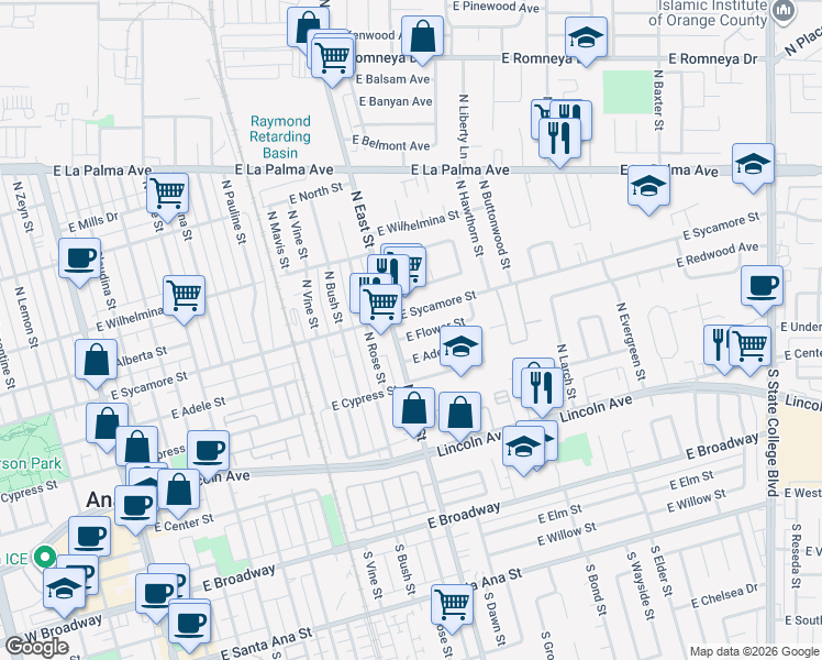 map of restaurants, bars, coffee shops, grocery stores, and more near 1219 East Adele Street in Anaheim