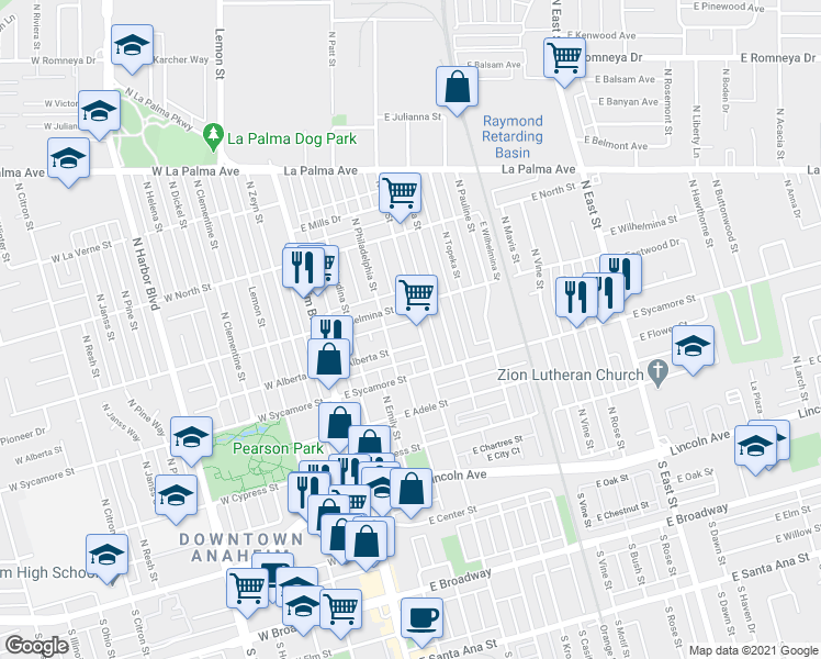 map of restaurants, bars, coffee shops, grocery stores, and more near 324 East Alberta Street in Anaheim