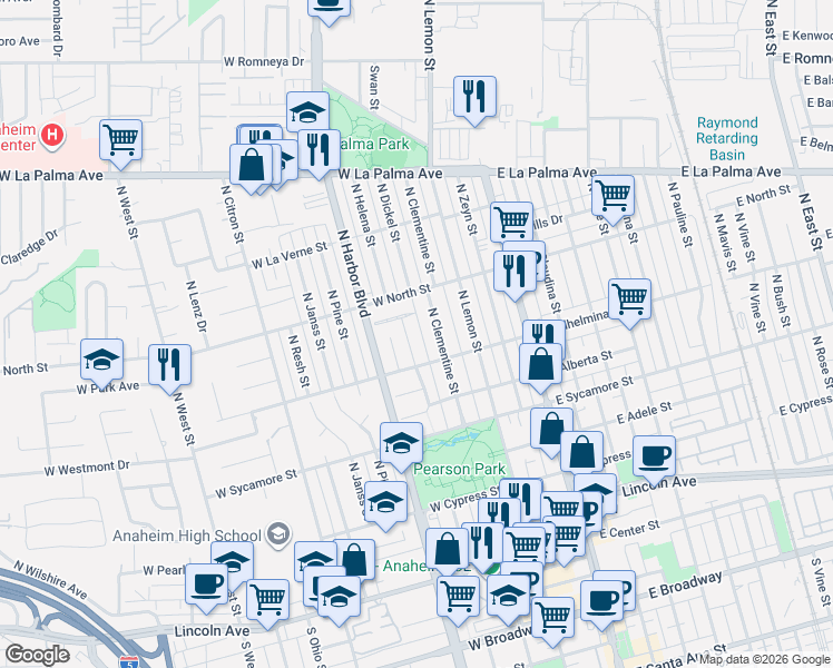 map of restaurants, bars, coffee shops, grocery stores, and more near 711 North Helena Street in Anaheim