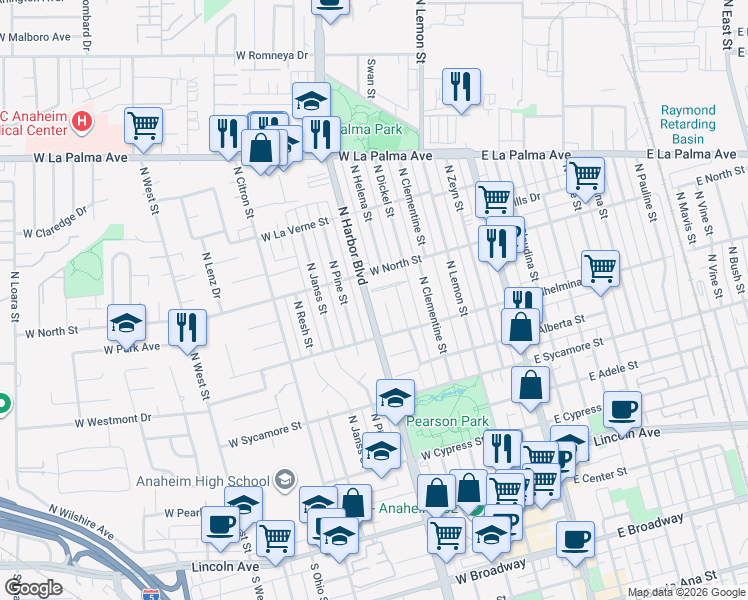 map of restaurants, bars, coffee shops, grocery stores, and more near 723 North Harbor Boulevard in Anaheim