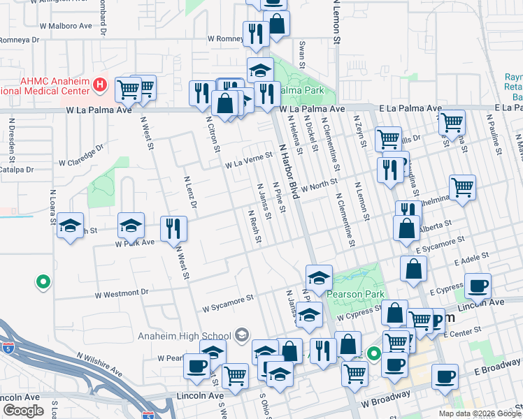 map of restaurants, bars, coffee shops, grocery stores, and more near 733 North Janss Street in Anaheim