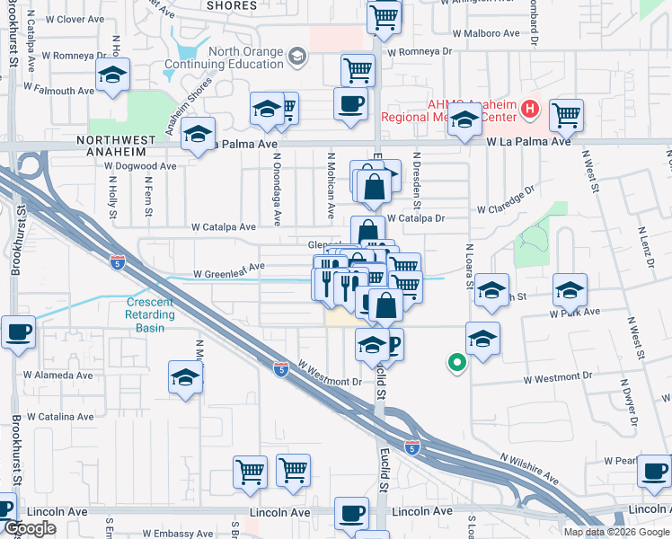 map of restaurants, bars, coffee shops, grocery stores, and more near 647 North Euclid Street in Anaheim
