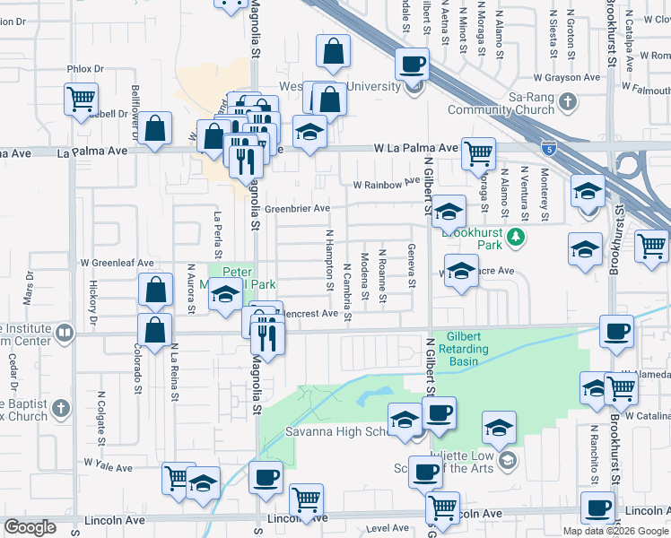 map of restaurants, bars, coffee shops, grocery stores, and more near 727 North Cambria Street in Anaheim