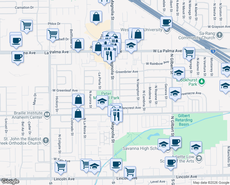 map of restaurants, bars, coffee shops, grocery stores, and more near 801 North Magnolia Avenue in Anaheim