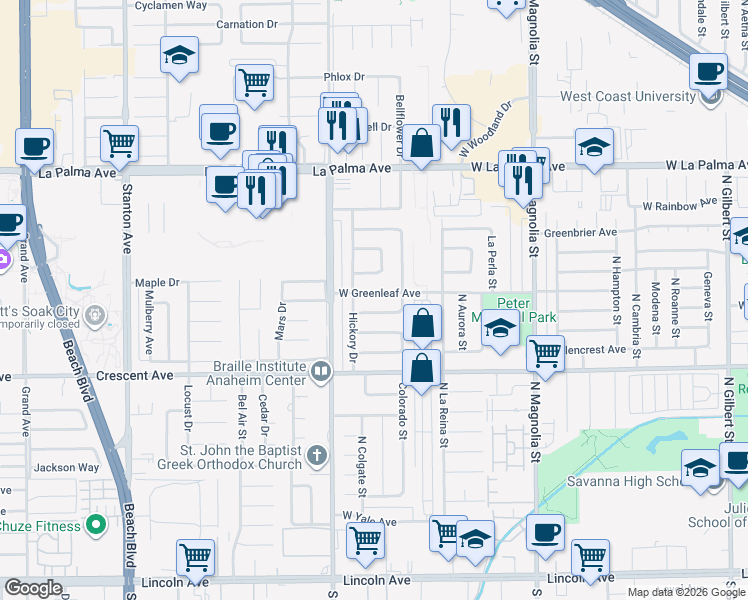 map of restaurants, bars, coffee shops, grocery stores, and more near 8638 Hazelnut Street in Buena Park