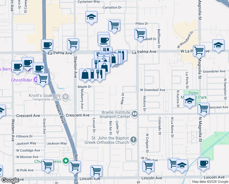 map of restaurants, bars, coffee shops, grocery stores, and more near 8440 Galaxy Circle in Buena Park