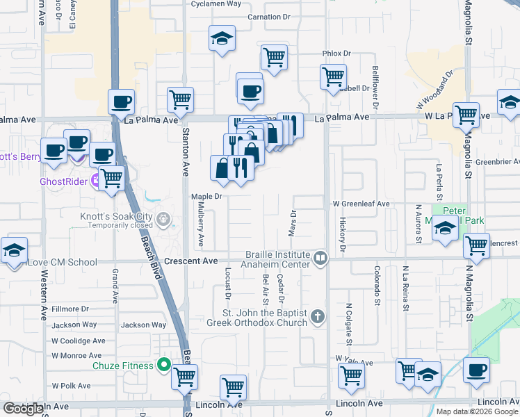 map of restaurants, bars, coffee shops, grocery stores, and more near 8440 Galaxy Circle in Buena Park