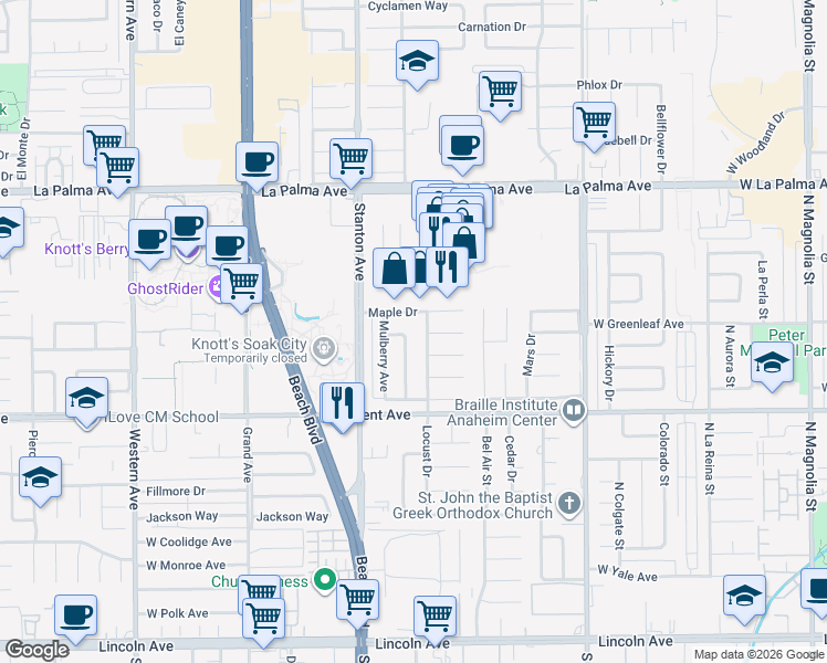 map of restaurants, bars, coffee shops, grocery stores, and more near 8348 Mango Way in Buena Park