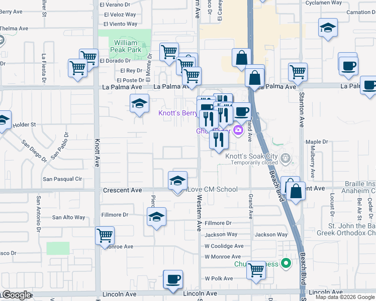 map of restaurants, bars, coffee shops, grocery stores, and more near 8328 Santa Elvira Way in Buena Park